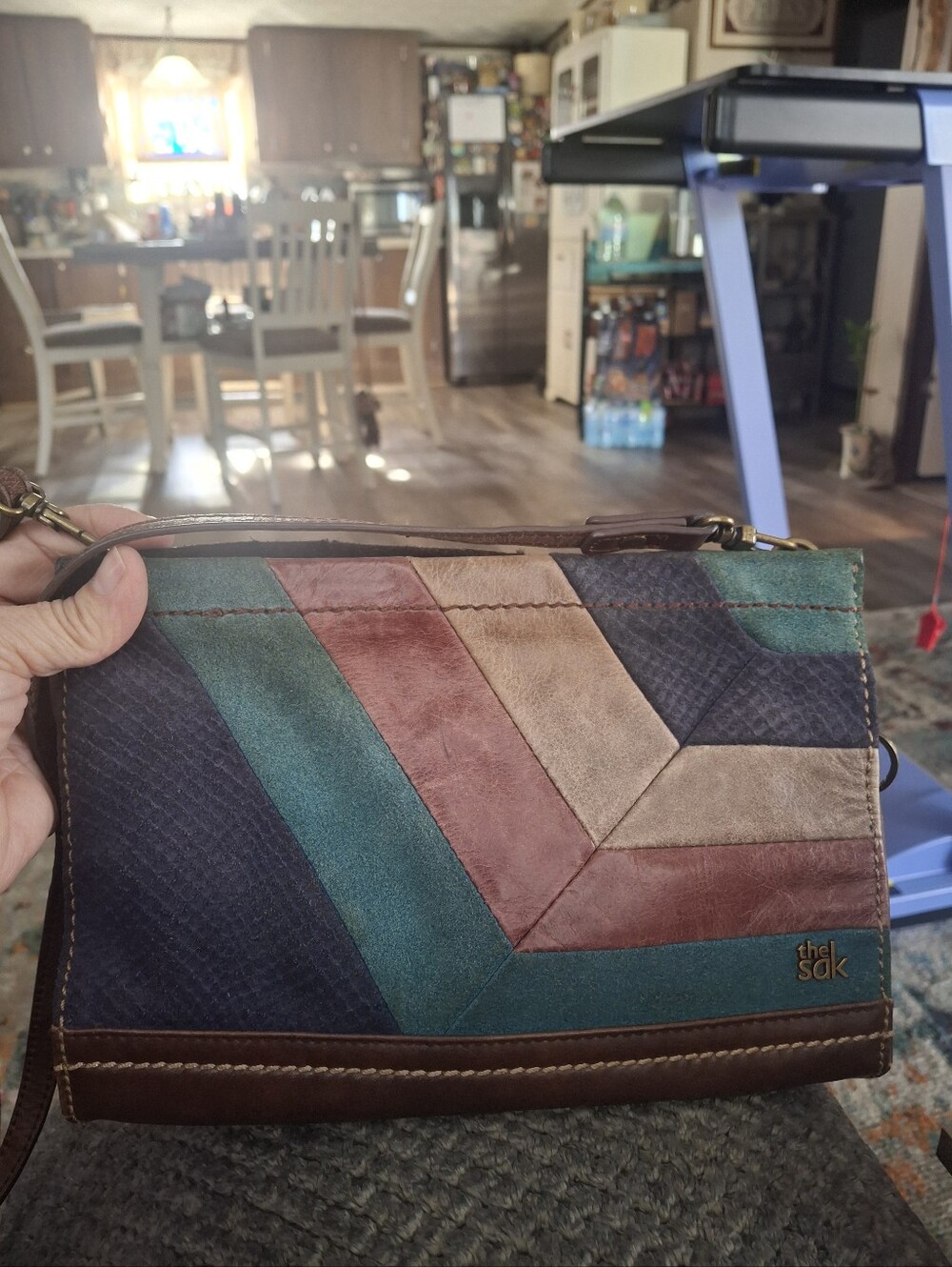 The Sak Patchwork Leather Crossbody in Teal, Navy, Dusty Rose, Tan